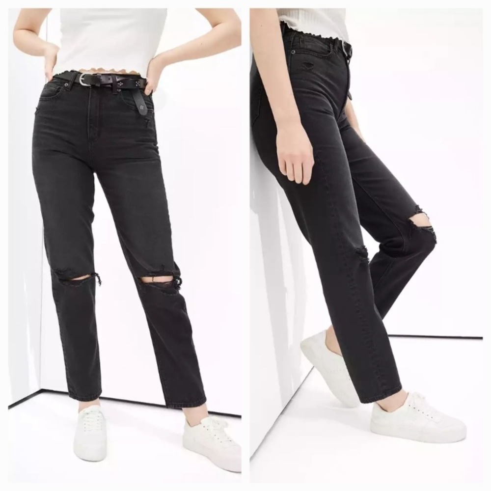 American Eagle Ripped Mom Jean Relaxed Straight Leg Washed Black Size 0